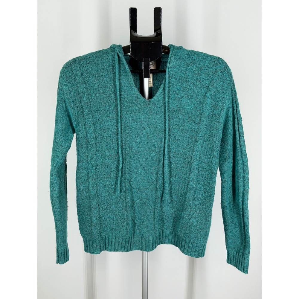 St Johns Bay Womens Teal Cable Knit Hooded Sweater V-Neck Size S
